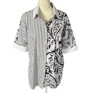 Chico's black and white striped and floral short sleeve button down shirt size 1